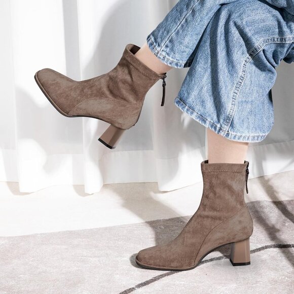 Women's Square Toe Ankle Chestnut Boot Faux Suede Low Brown Heel Chelsea Shoes - Picture 8 of 9